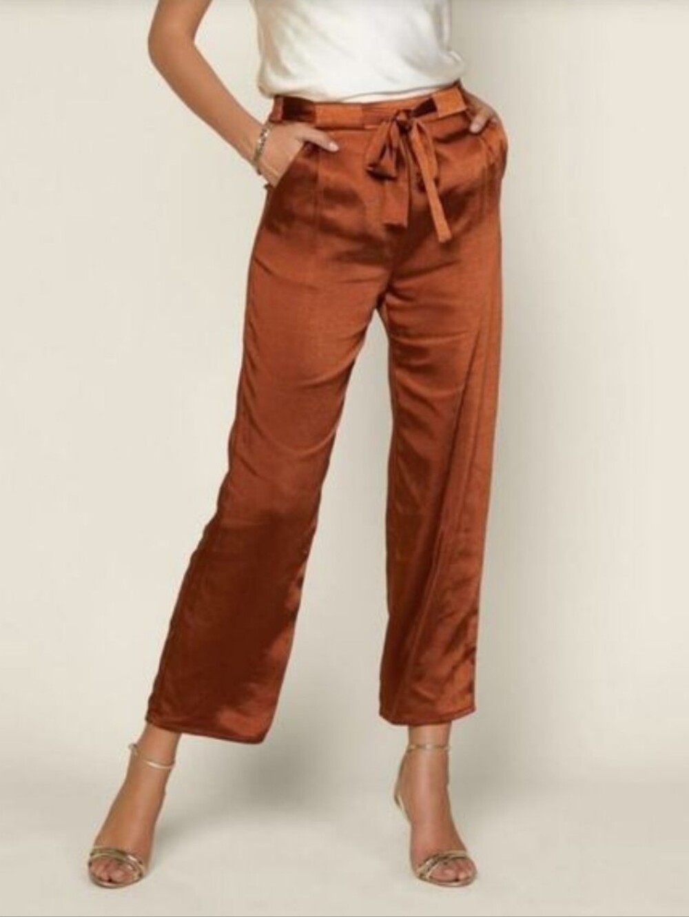 Anthropologie Skies Are Blue Satin High-Waist Tie Belt Pants - Rust Elastic